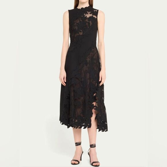 Oscar De La Renta Marbled Carnation Guipure Lace Inset Midi Dress size 0 - Picture 2 of 16